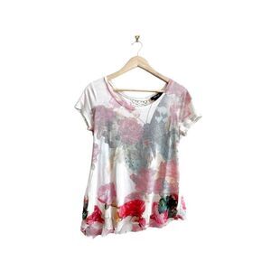 Style & Co. Petite Floral T-Shirt Crochet Back Angled Ruffled Women's M